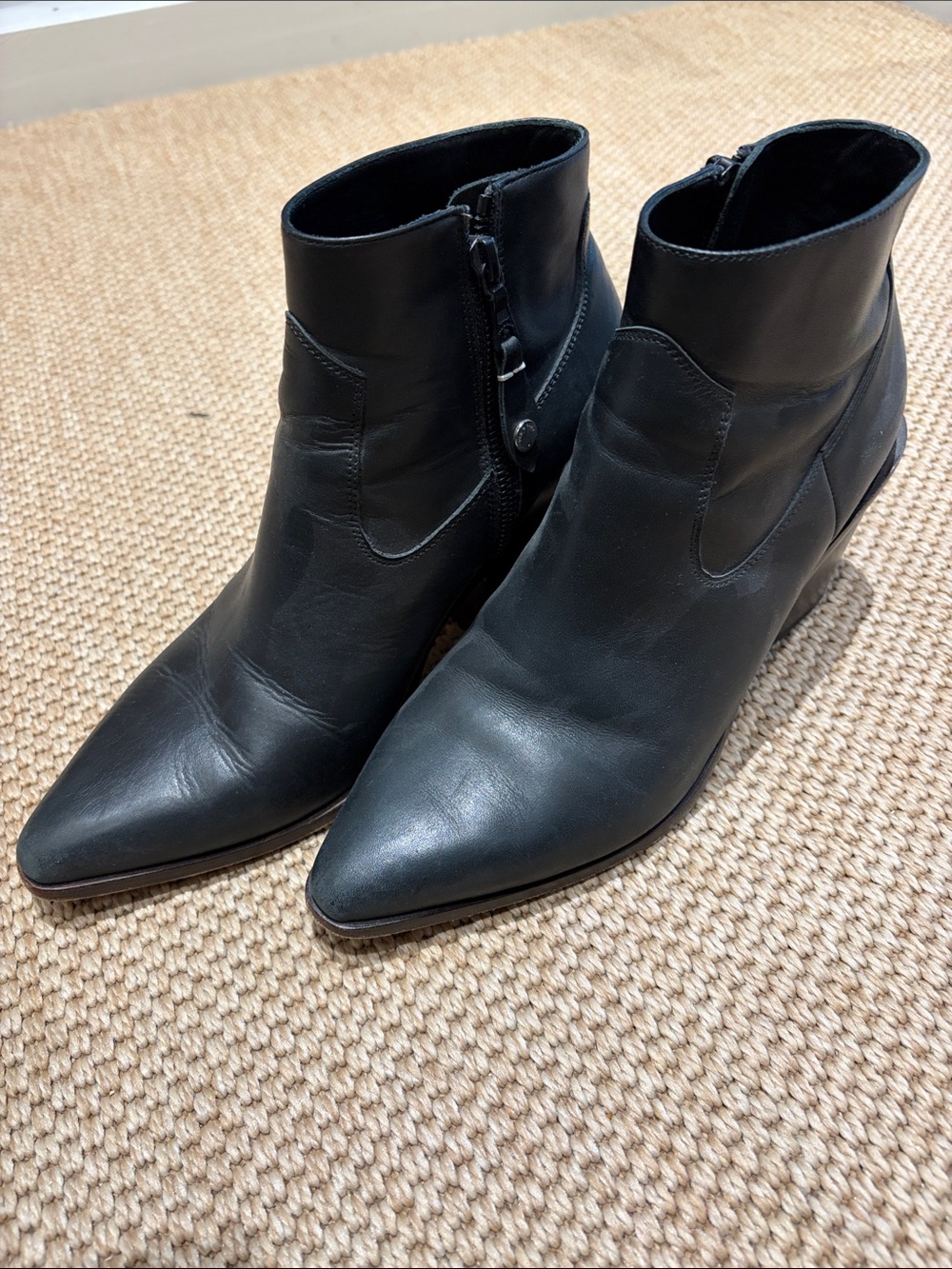 rag & bone Black Leather Pointed Ankle Booties with Side Zip